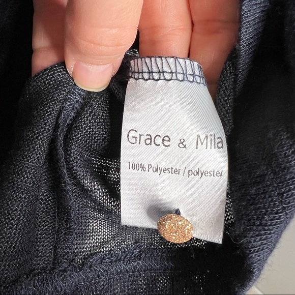 Grace & Mila Navy Blue Gold Glitter Paw Print Button Back Woven Blouse - Picture 14 of 14